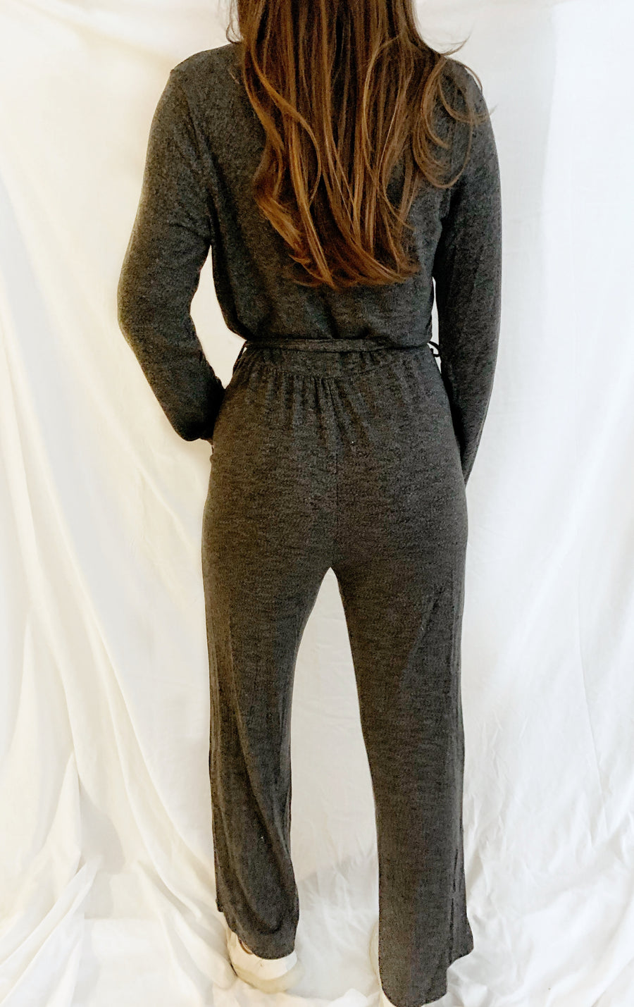 Brushed Terry Crossover Jumpsuit in Charcoal Black