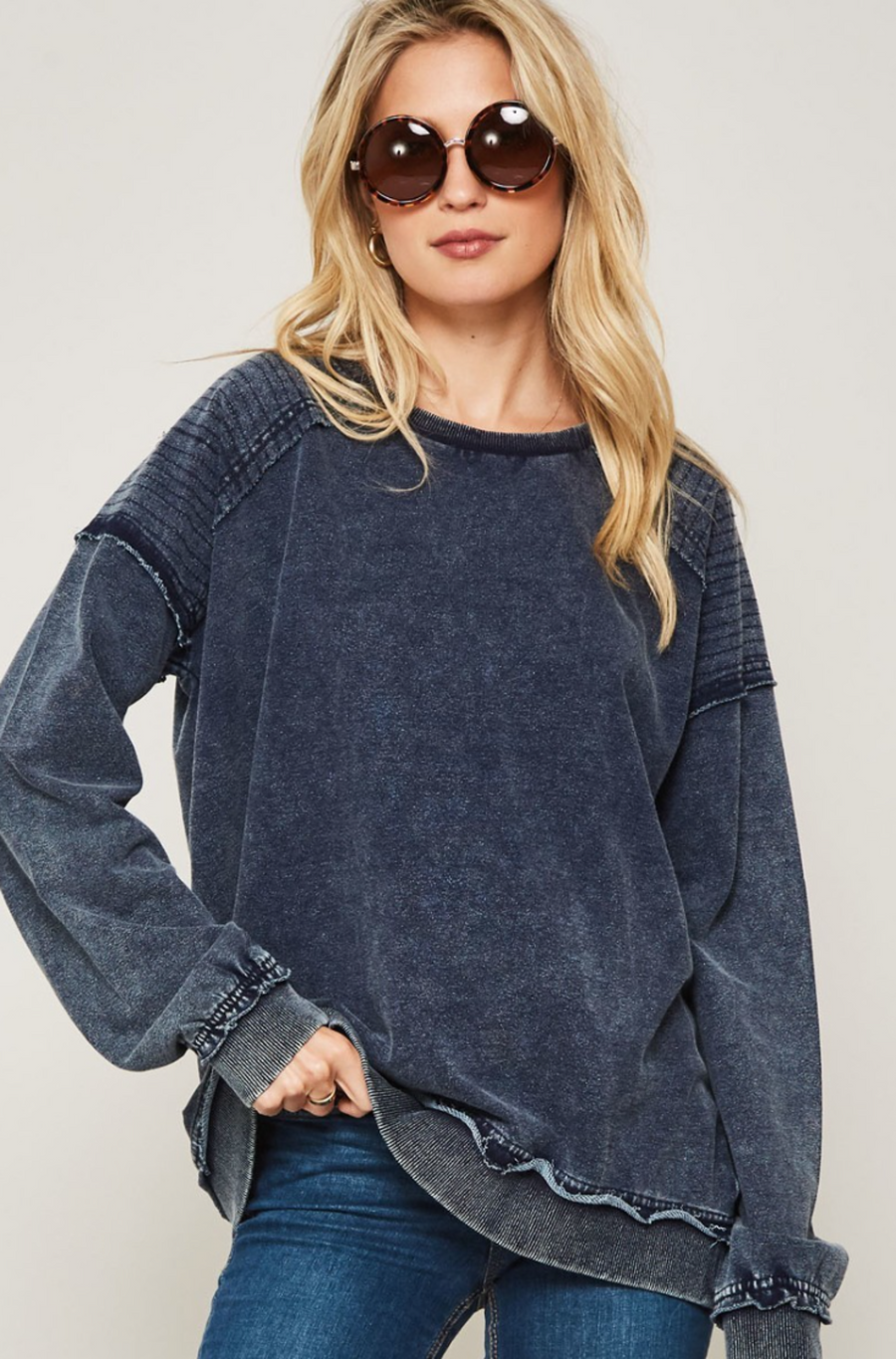 Mineral Wash Inside Out Pullover in Blue Denim