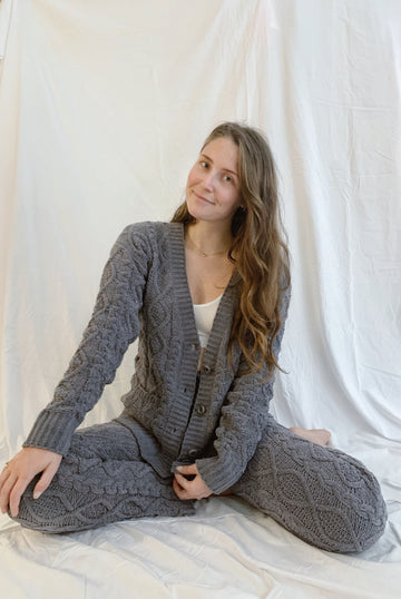 Cable Knit Chenille Cardigan Sweater - Gray
