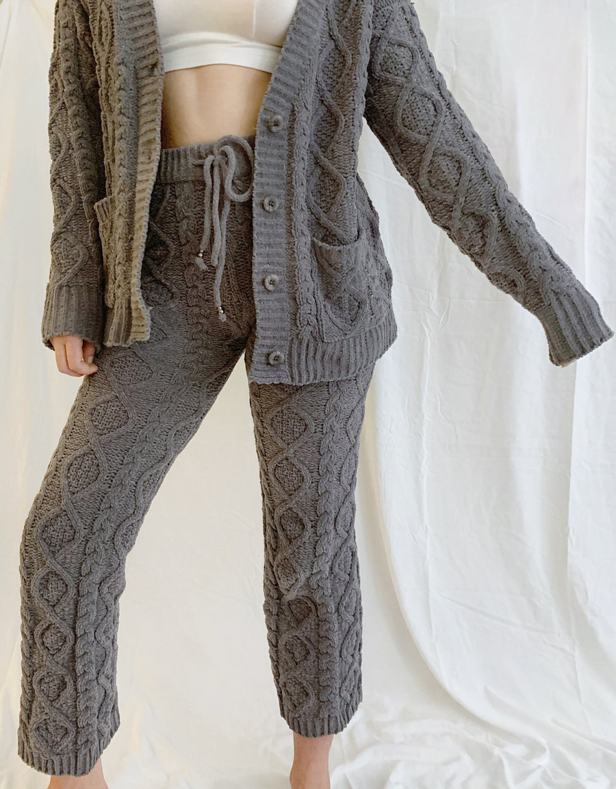 Cable Knit Chenille Cardigan Sweater - Gray