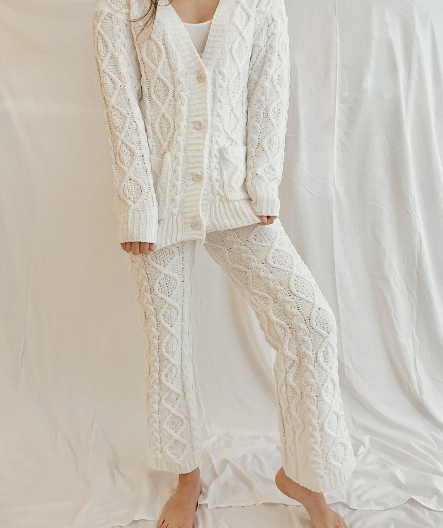 Cable Knit Chenille Cardigan Sweater - White